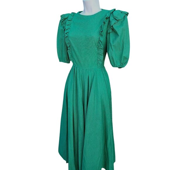 1980s Belle France Kelly Green Prairie Dress Cotton Ruffle Midi Union Label S - Picture 8 of 14